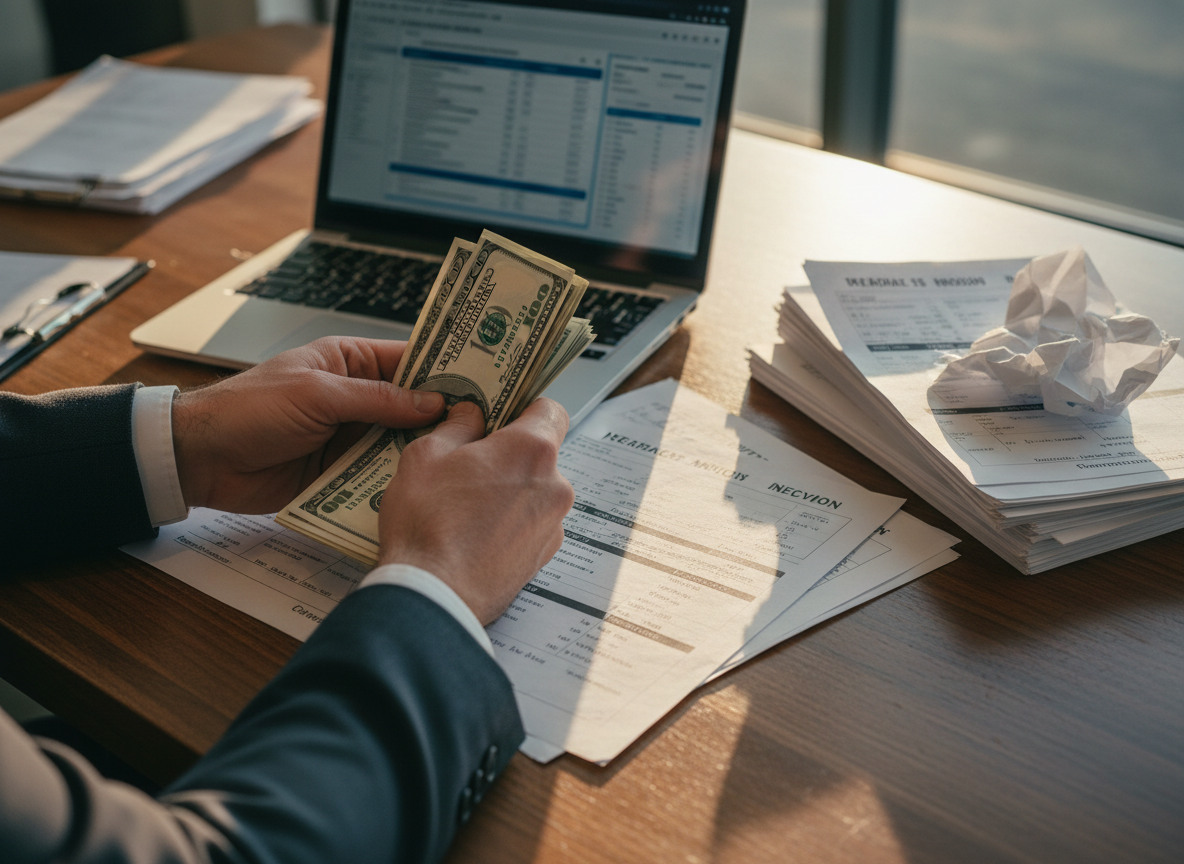 Person counting money and handling insurance documents